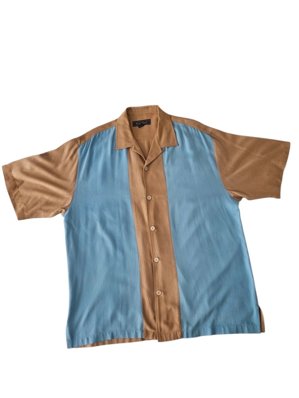 NAT NAST 100% Silk 2-Tone Panel Camp Short Sleeve Shirt Light Blue Tan | SZ M